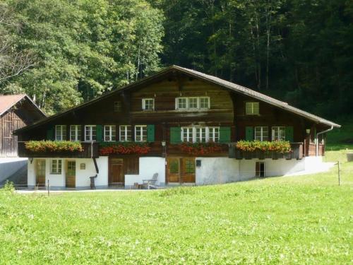 ein großes Holzhaus mit Blumen davor in der Unterkunft Lengwald, Ferienwohnung - b48647 in Stechelberg