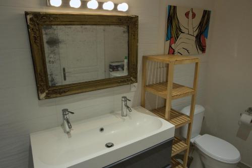 une salle de bain avec un lavabo, des toilettes et un miroir dans l'établissement La Parenthèse Girondine, à Pujols Gironde