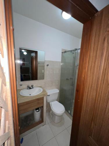 a bathroom with a toilet and a sink and a shower at Hotel Condina Pereira in Pereira