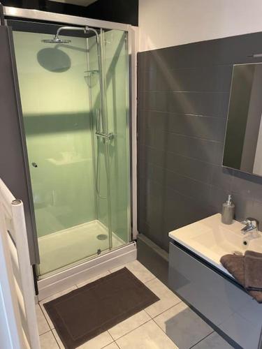 une salle de bain avec une douche en verre et un lavabo dans l'établissement Dol de Bretagne : Appartement en plein centre, à Dol-de-Bretagne