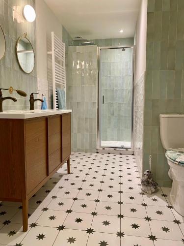 une salle de bain avec une douche, un lavabo et des toilettes dans l'établissement Gîte de la maison jaune - Comblanchien, à Comblanchien