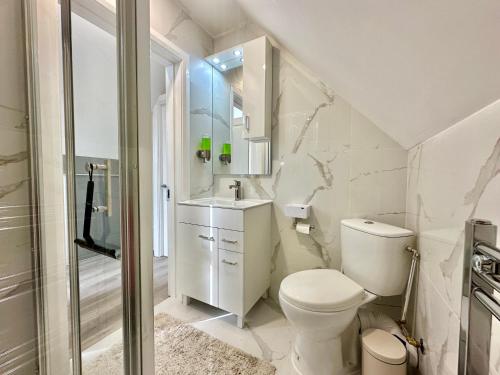 a white bathroom with a toilet and a sink at Country Haven Comfy & Sleek Apartment in Kildare