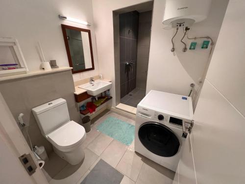 a bathroom with a toilet sink and a washing machine at Ebene Square apartment in Trianon