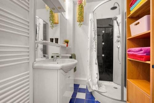 een witte badkamer met een wastafel en een douche bij Le Clos des Rosiers in Toulouse