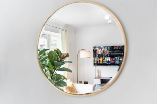 a mirror reflecting a living room with a plant at 2 Bedroom House - Garden & Parking 2GM - Wifi in Birmingham