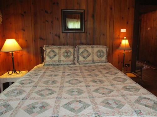 a bedroom with a bed with two lamps and a bedspread at Gorgeous cabin by river for 2, Princeton- I-77 in Princeton