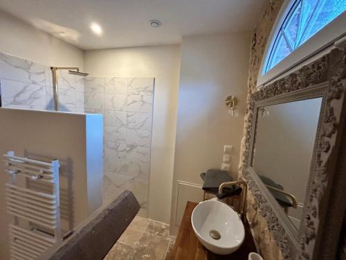a bathroom with a sink and a mirror at Gîte de L'Oliviade - Campagne & Confort in Billancelles
