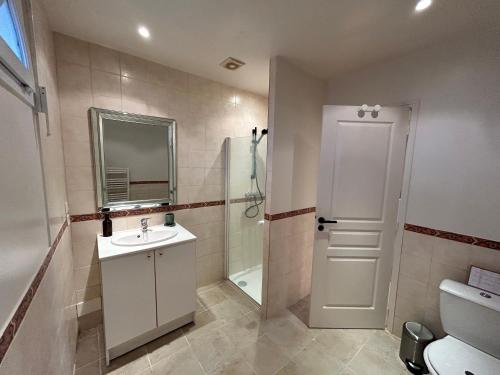 a bathroom with a sink and a shower and a toilet at Gîte de L'Oliviade - Campagne & Confort in Billancelles