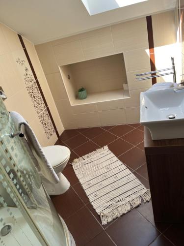 La salle de bains est pourvue de toilettes et d'un lavabo. dans l'établissement Panorama Hlohovec, à Hlohovec