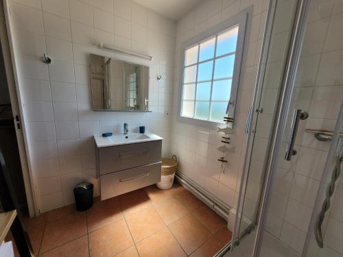 une salle de bain avec un lavabo et une douche dans l'établissement Rooftop les Issambres, aux Issambres