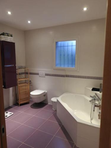 une salle de bain avec baignoire et toilettes et une fenêtre dans l'établissement Superbe Villa à Antibes avec Piscine dans un quartier calme, à Antibes