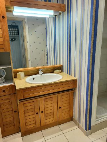 une salle de bain avec un lavabo et un miroir dans l'établissement Villa front de mer les Cordylines, à Saint-Germain-sur-Ay