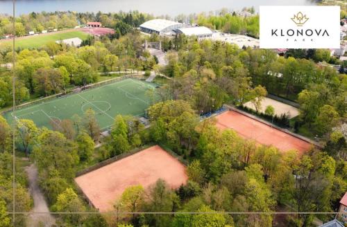 an aerial view of a soccer field in a park at Apartamenty Klonova Park in Olecko