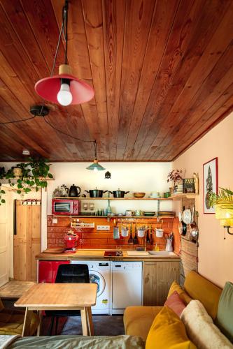 a kitchen with a stove and a table in a room at Love Shack in Balatonudvari
