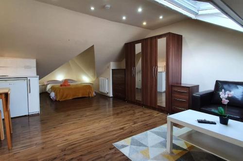 uma grande sala de estar com uma cama e uma cozinha em Studio flat London em Londres