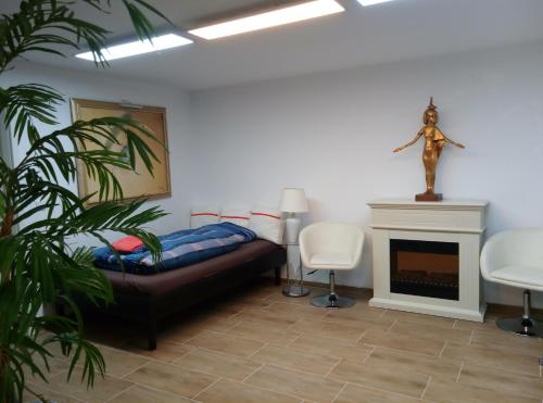 a room with a bed and a fireplace at FeApp Parken & Pennen in Mondsee