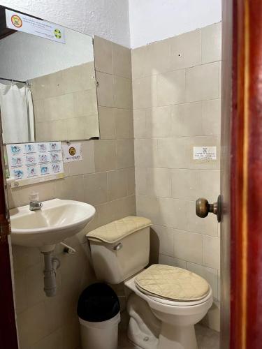 a small bathroom with a toilet and a sink at Hotel Nueva Granada in Santa Marta