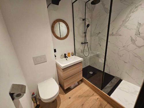 a bathroom with a shower and a toilet and a sink at L'escapade de Saint-Hubert, Belgique in Saint-Hubert
