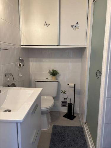 une salle de bain blanche avec des toilettes et un lavabo dans l'établissement Appartement T2 Frontignan Plage - 100m de la mer, à Frontignan