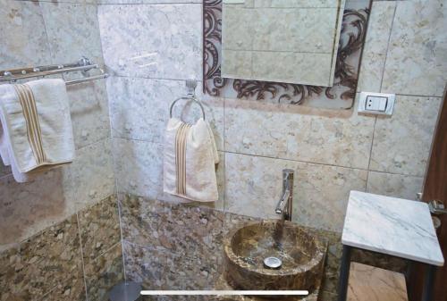 a bathroom with a sink and a mirror at Narmer Pyramids View in Cairo