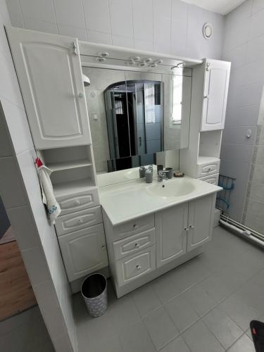 une salle de bain blanche avec un lavabo et un miroir dans l'établissement Parc Cordier - Trouville sur Mer, à Trouville-sur-Mer