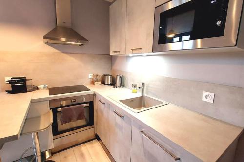 une petite cuisine avec un évier et un micro-ondes dans l'établissement Studio La Maison Elisa, à Aix-les-Bains