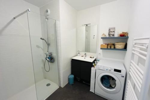 une salle de bain avec une machine à laver et un lavabo dans l'établissement Lumineux appt avec BALCON pour 4 pers à Vannes !, à Vannes