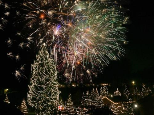 a fireworks display in front of a christmas tree at Stroudsmoor Country Inn in Stroudsburg