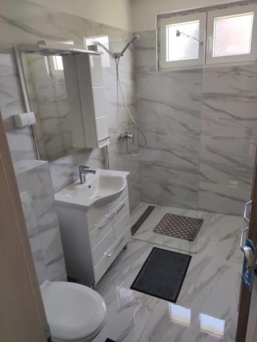 a bathroom with a sink and a shower and a toilet at Sobe Zimmer & Apartmani Nova Gradiška in Nova Gradiška