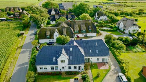 an aerial view of a large house with a blue roof at Deichhof Whg 27 in Dunsum