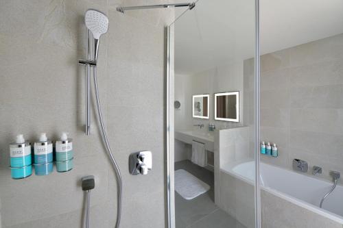a bathroom with a shower and a bath tub at Novotel Lubumbashi in Lubumbashi