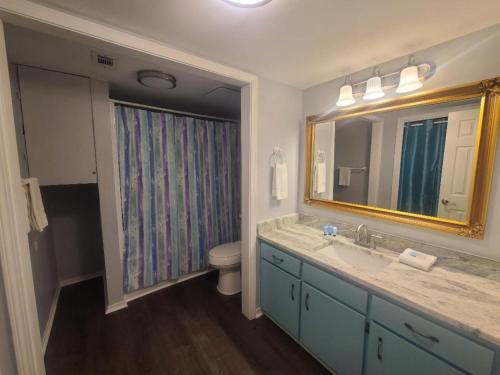 een badkamer met een wastafel, een toilet en een spiegel bij Beautiful 3 Bedroom BEACHFRONT Condo (F3) - Sleeps 10 in Gulf Shores