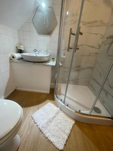 a bathroom with a shower and a sink and a toilet at Trinity House Hotel in London