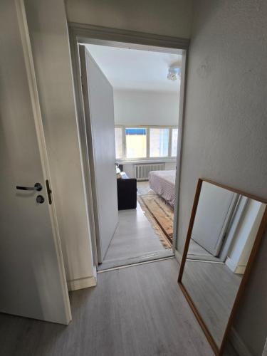 una puerta abierta a una habitación con espejo en Centric Cozy entire studio in Kallio, Helsinki, en Helsinki