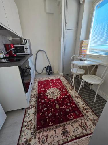 uma cozinha com um tapete vermelho no chão em Centric Cozy entire studio in Kallio, Helsinki em Helsinque