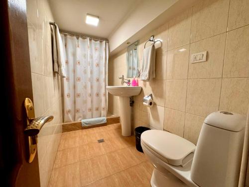 a bathroom with a toilet and a sink at Time Hotel & Tours in Yerevan