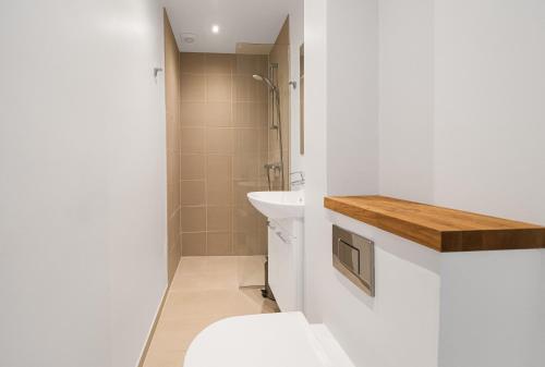 Refurbished 1-BR apartment in Charlottenlund - 208 في شارلوت لوند: حمام مع مرحاض ومغسلة