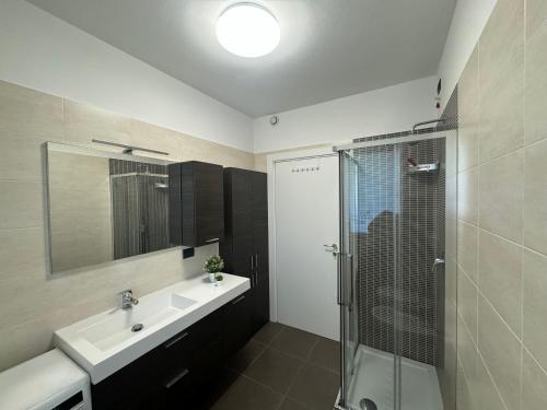 La salle de bains est pourvue d'un lavabo et d'une douche en verre. dans l'établissement Via Battisti 7_Pero, à Pero