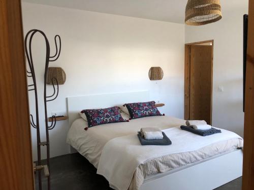 ein Schlafzimmer mit einem Bett und zwei Kissen darauf in der Unterkunft Villa Calderón Hondo in Lajares