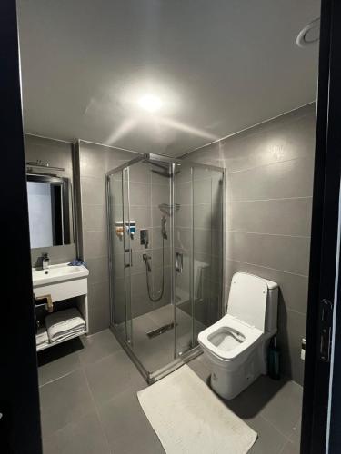 a bathroom with a shower and a toilet and a sink at Beyoğlu Palas Otel in Diyarbakır