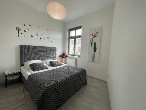 a bedroom with a bed and a window with birds on the wall at Apartament Solny Centrum Wieliczka 11 in Wieliczka