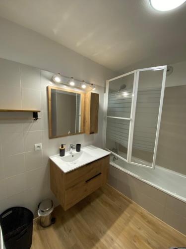 une salle de bain avec un lavabo et un miroir dans l'établissement Grand appartement Ancelle, à Ancelle