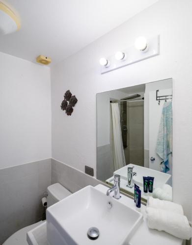 un bagno bianco con lavandino e specchio di Wild Lotus Villa - Waterfront on Jolly Harbour a Bolans