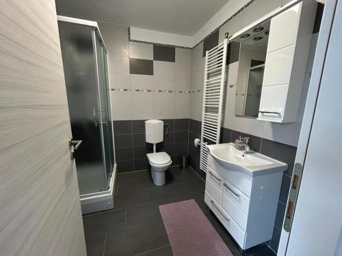 La salle de bains est pourvue de toilettes et d'un lavabo. dans l'établissement Studio apartman Marta, à Korenica