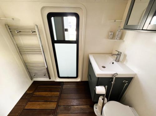 a small bathroom with a sink and a toilet at Island Harbour Houseboat in Newport