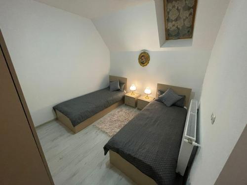 two beds in a small room with two lamps at Sara Apartament in Lugoj