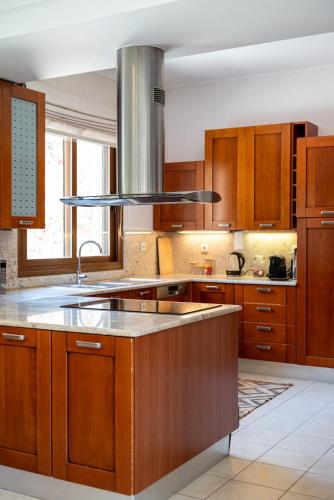 a kitchen with wooden cabinets and a stove top oven at Horizon Villa-Private Pool-7 Bedroom-Gym-Sea View in Psalidi
