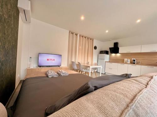 une chambre avec un grand lit et une cuisine dans l'établissement Appart Climatisé 4prsn Proche Chateaufarine, à Grandfontaine