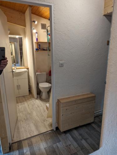 une salle de bain avec toilettes et lavabo dans l'établissement Galibier studio, à La Salle Les Alpes