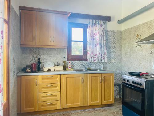 a kitchen with wooden cabinets and a sink and a window at ELIA in Doukádes